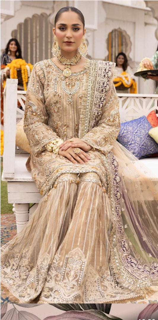 Shehnai by Simran's – 3 Piece Heavy Embroidered Suit | Net Fabric | Gold | Sizes S–XL