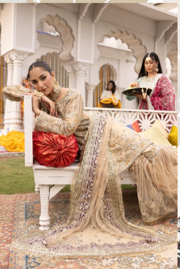 Shehnai by Simran's – 3 Piece Heavy Embroidered Suit | Net Fabric | Gold | Sizes S–XL