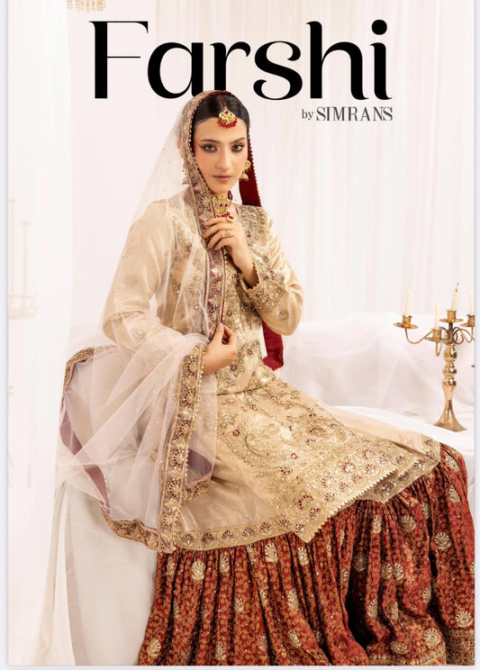 Farshi by SIMRANS- 4 pcs heavy embroidered gharara suit with matching potli bag- small to XL