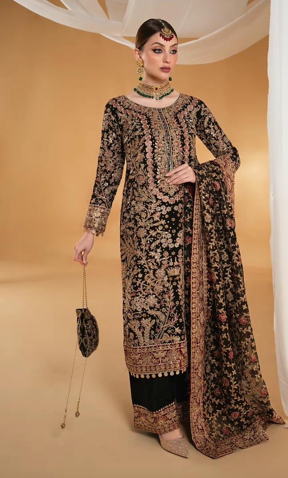 Suhana by Haseen’s – Original 4-Piece Chiffon Heavy Embroidered Wedding Collection with Matching Potli Bag- Size S-XL