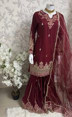 Maroon Embroidered Gharara Suit with organza Dupatta – Luxury Pakistani 3 Piece Set