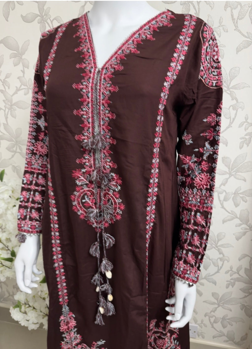 HUSN-E-EID Elegance Brown Embroidered Pakistani Suit with Printed Dupatta