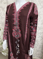 HUSN-E-EID Elegance Brown Embroidered Pakistani Suit with Printed Dupatta