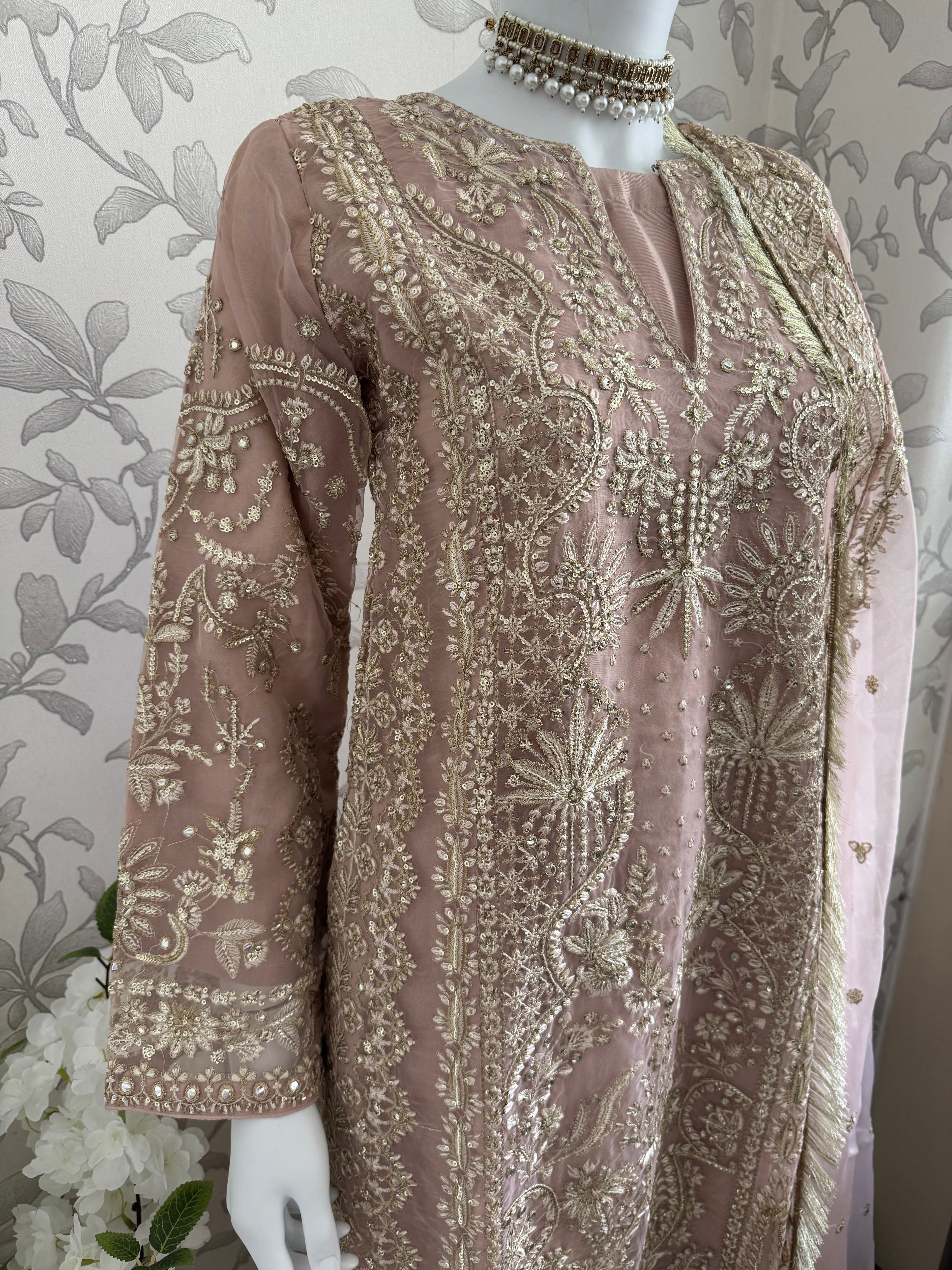AFROZ Blush Pink Embroidered Organza Suit | Pakistani Wedding & Formal Dress