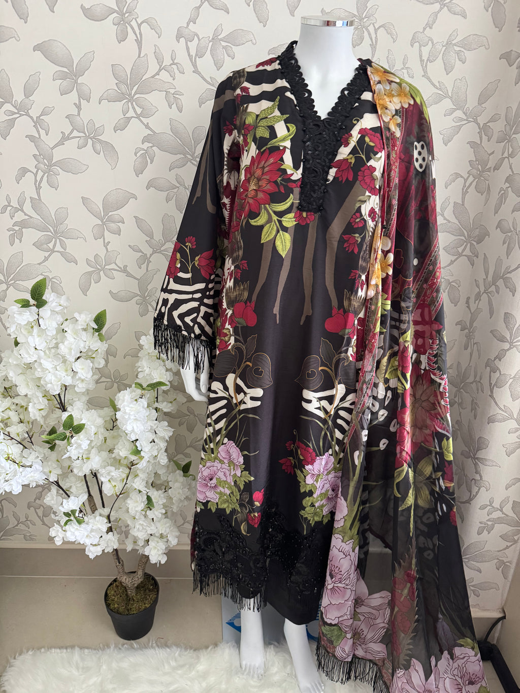 M Prints inspired Embroidered 3-Piece Suit | Pakistani Designer Dress