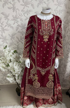 GULAAB…. Deep Maroon Embroidered Pakistani Sharara Suit with Rose Gold Dupatta