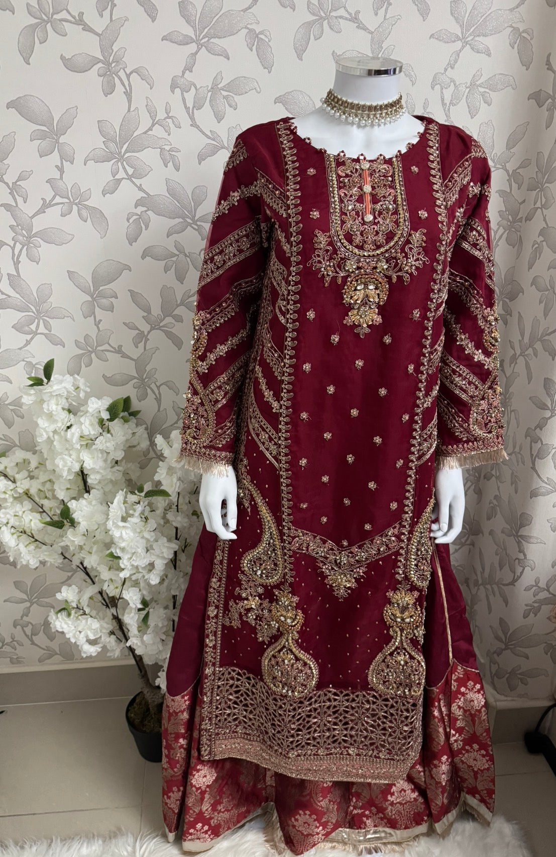 GULAAB…. Deep Maroon Embroidered Pakistani Sharara Suit with Rose Gold Dupatta