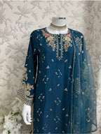 Teal Blue Embroidered Pakistani 3 Piece Suit – Luxury Eid Festive Wear