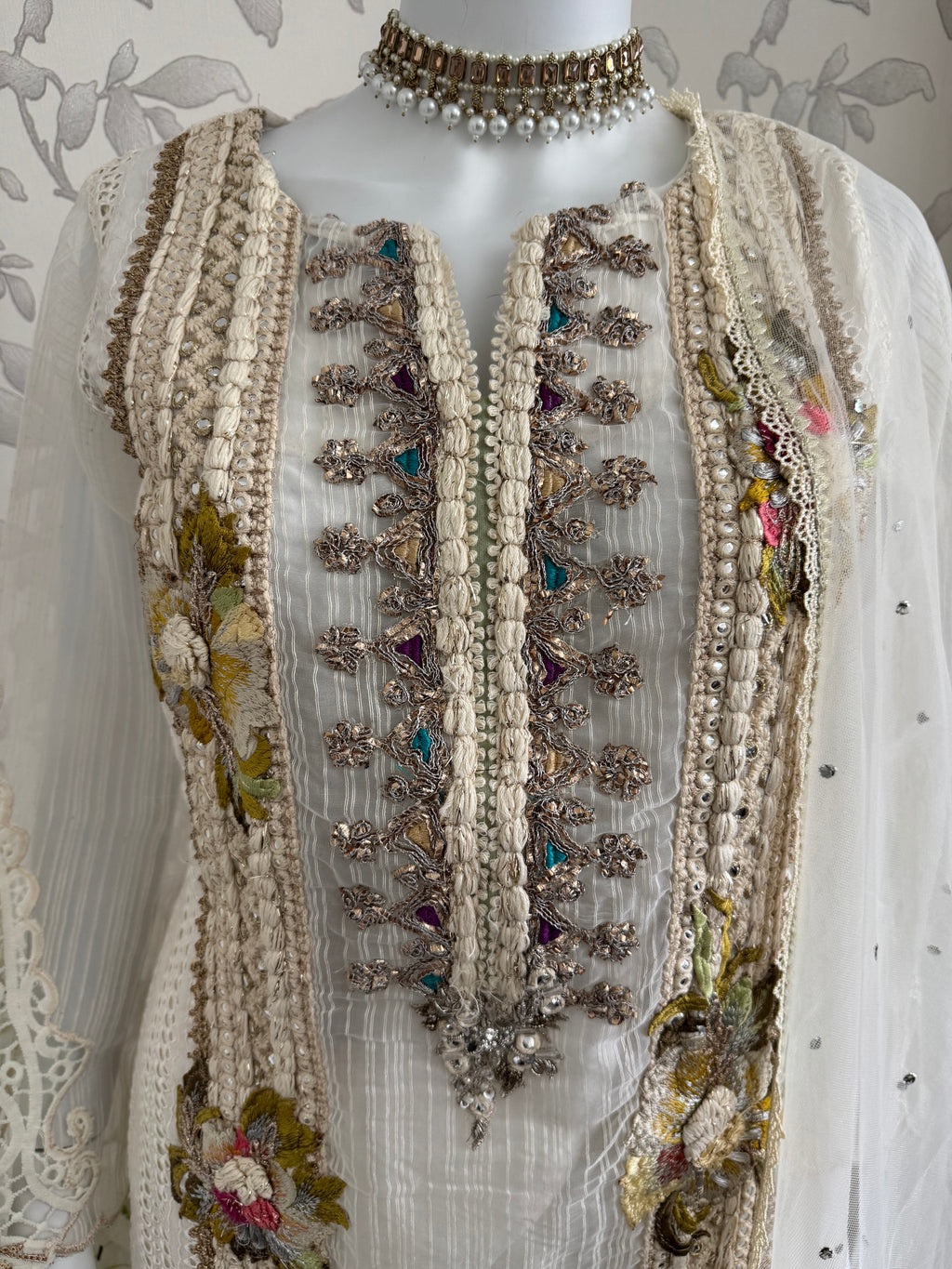 UJAALA….. Elegant White Embroidered Pakistani Suit with net Dupatta