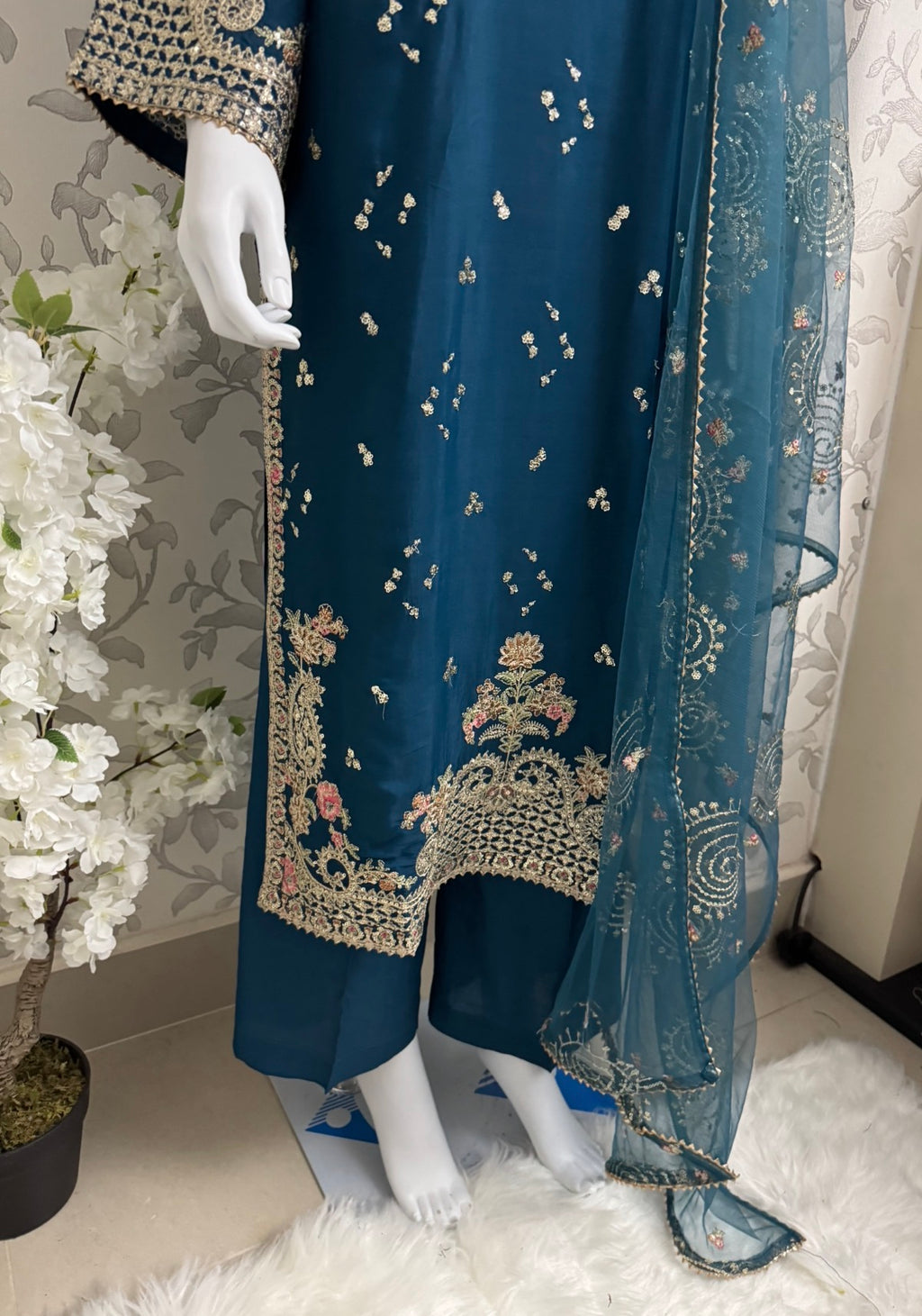 Teal Blue Embroidered Pakistani 3 Piece Suit – Luxury Eid Festive Wear