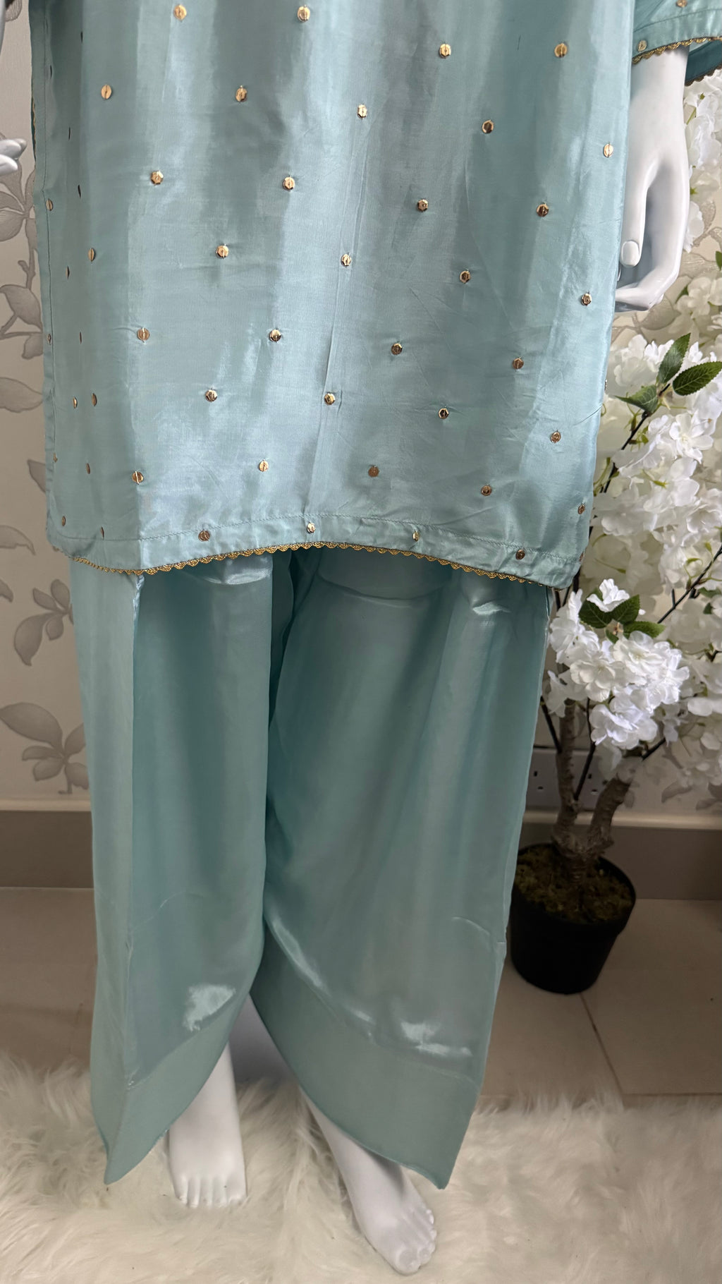 SILKY CHARM Luxury Embroidered Silk Suit with Pearl & Sequin Work