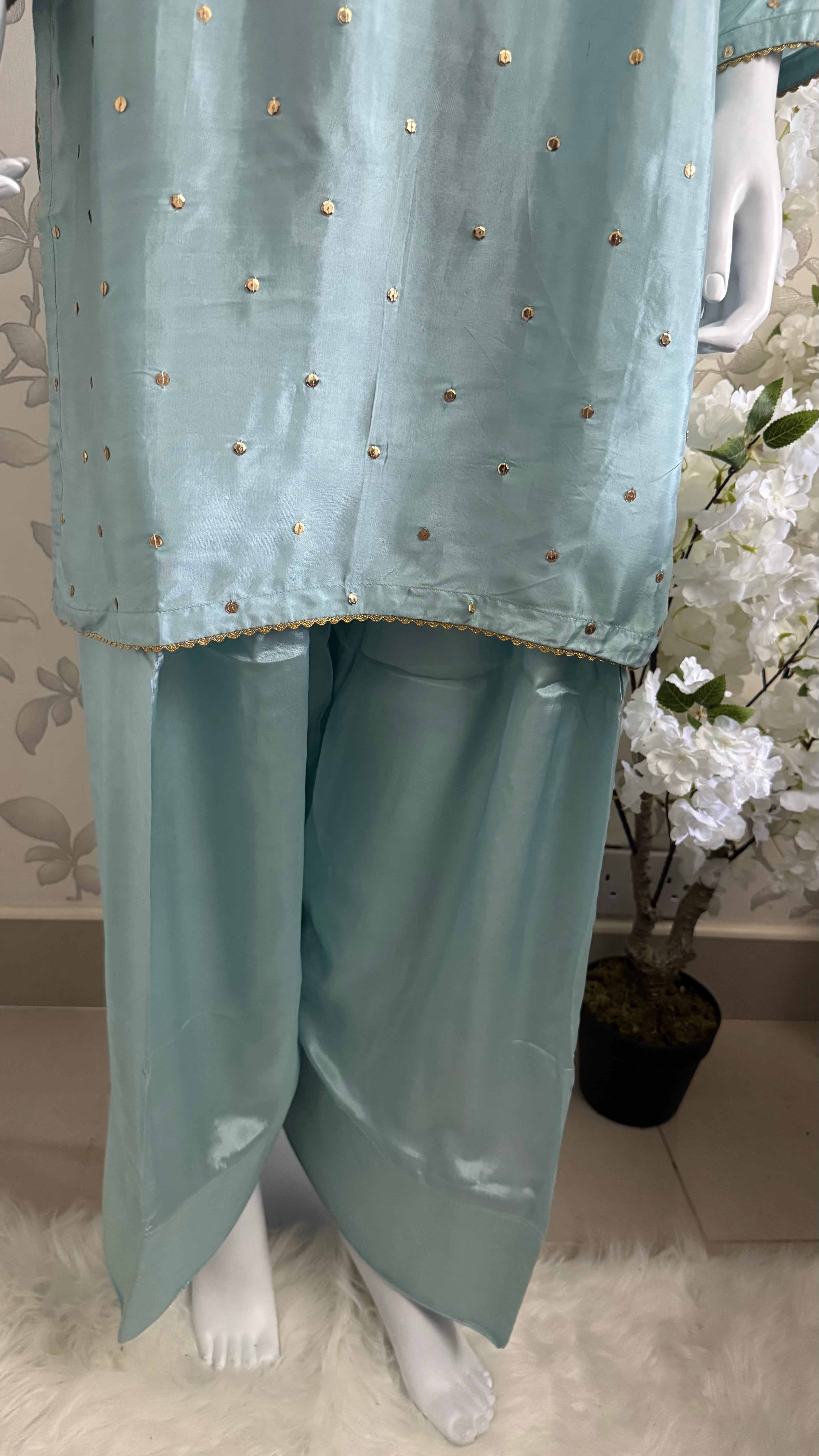 SILKY CHARM Luxury Embroidered Silk Suit with Pearl & Sequin Work