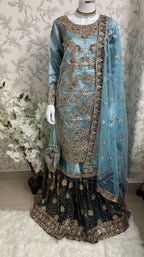 AMAIRA…. Champagne Gold & Maroon Embroidered Pakistani Gharara Suit with Net Dupatta