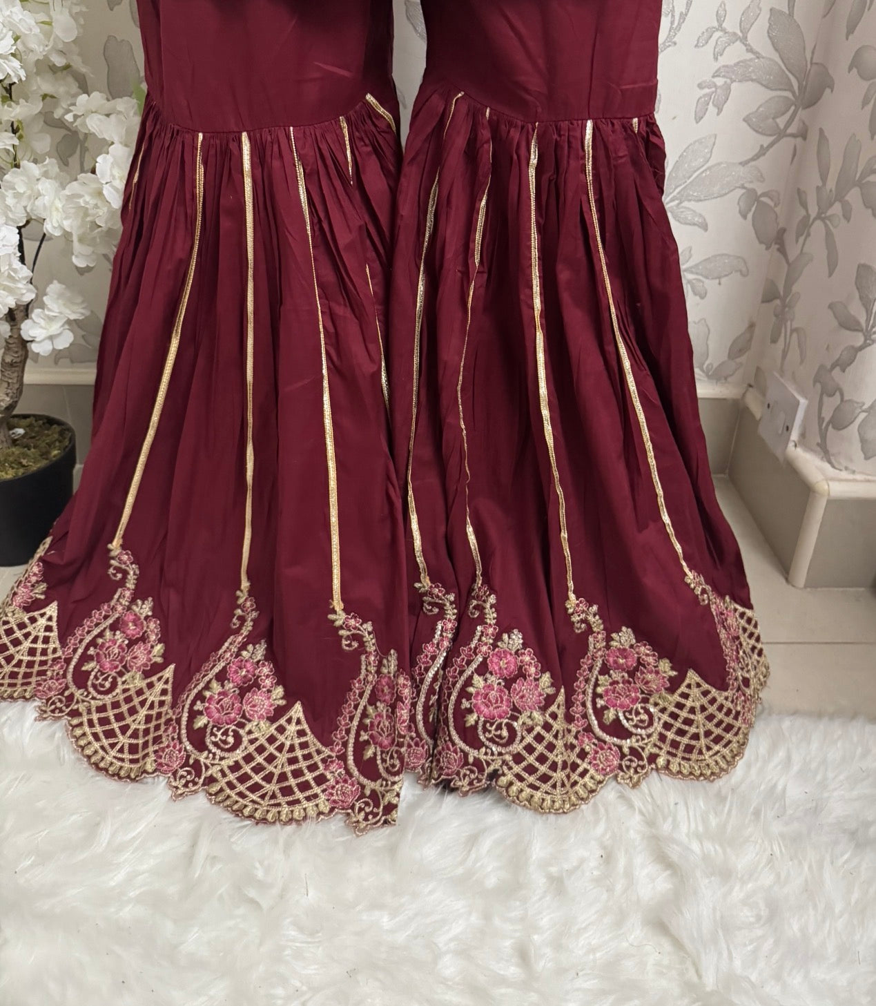 Maroon Embroidered Gharara Suit with organza Dupatta – Luxury Pakistani 3 Piece Set