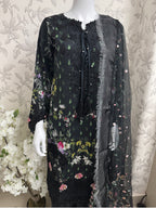 Black Floral Embroidered Lawn Suit – Luxury Pakistani 3 Piece Set with net Dupatta
