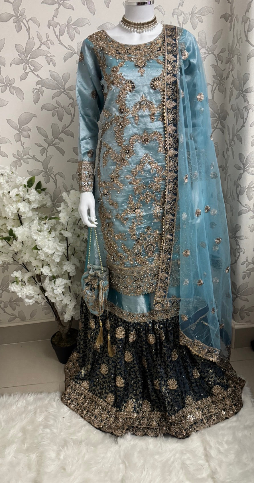 AMAIRA…. Champagne Gold & Maroon Embroidered Pakistani Gharara Suit with Net Dupatta