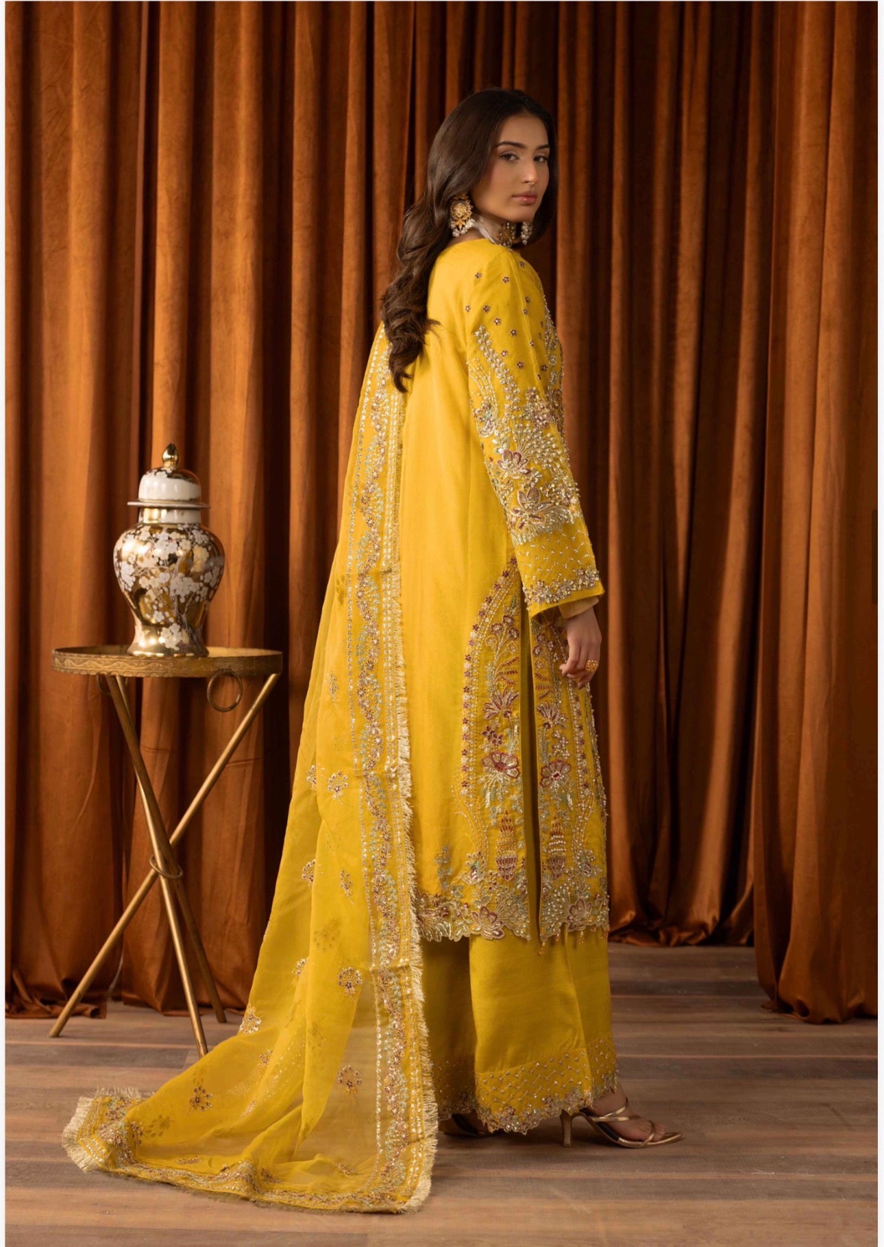 SANGEET Embroidered 3 piece Wedding Suit | Pakistani Mehndi, Mayon & Wedding Wear