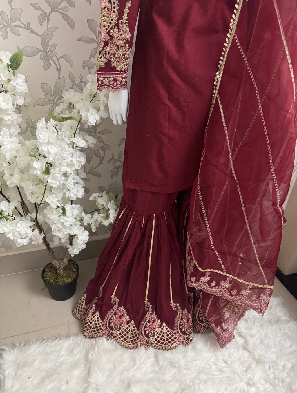 Maroon Embroidered Gharara Suit with organza Dupatta – Luxury Pakistani 3 Piece Set