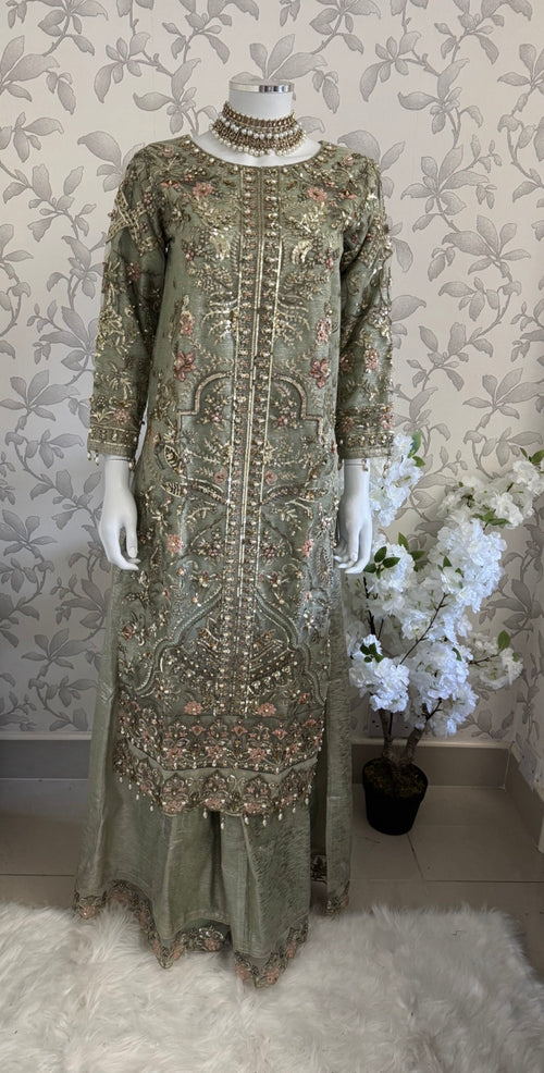 PEARLS Mint Green Luxe Hand-Embellished Pakistani 3 piece Suit
