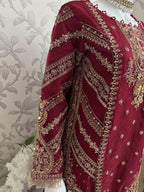 GULAAB…. Deep Maroon Embroidered Pakistani Sharara Suit with Rose Gold Dupatta
