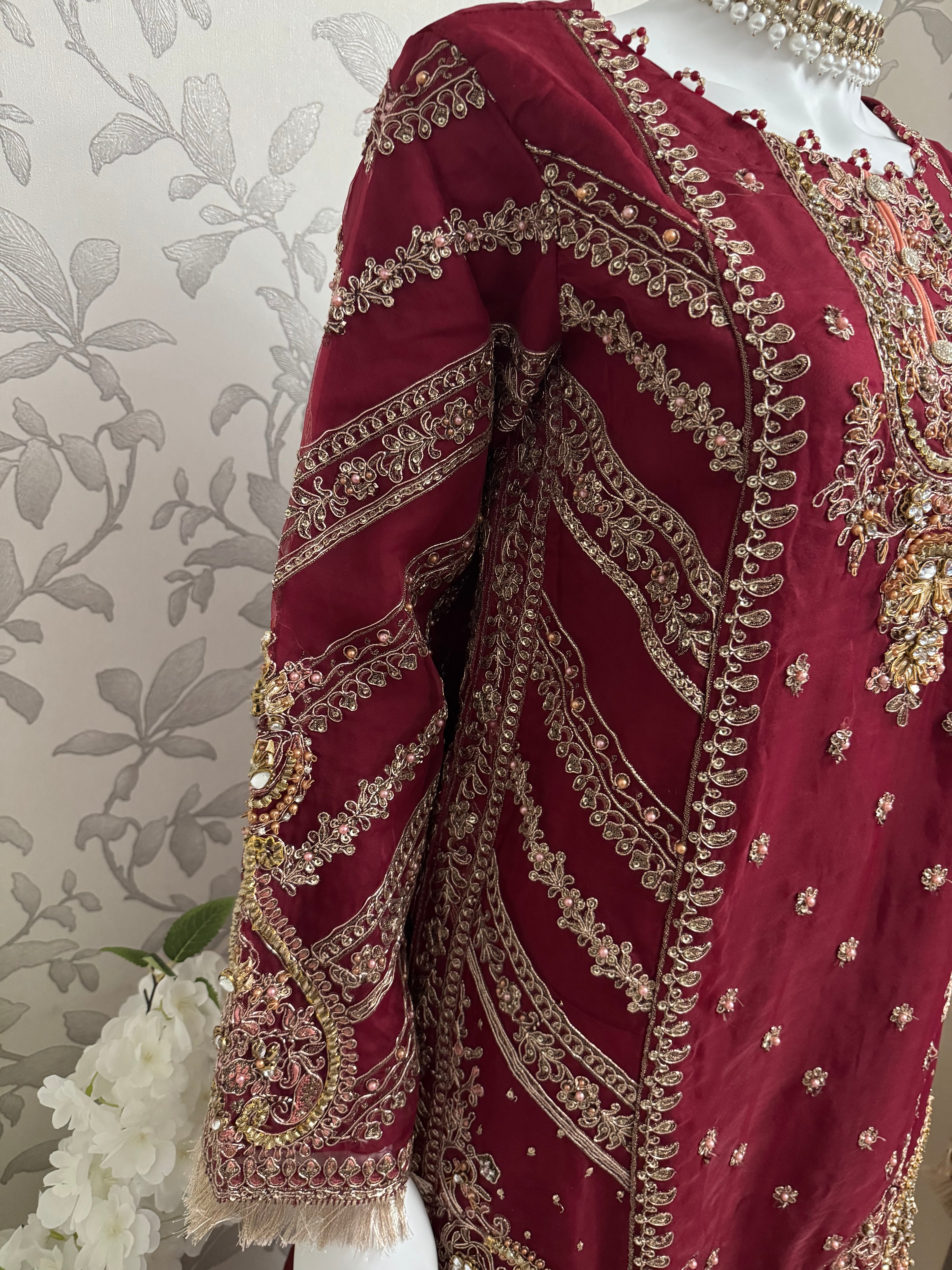 GULAAB…. Deep Maroon Embroidered Pakistani Sharara Suit with Rose Gold Dupatta