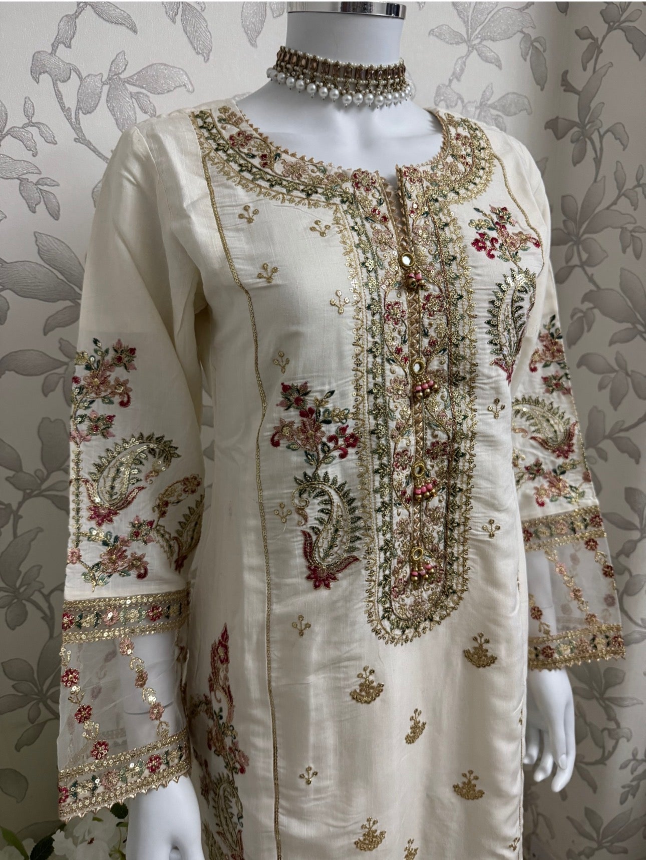 Ivory Cream Embroidered Pakistani 3 Piece Suit – Luxury Eid Festive Wear