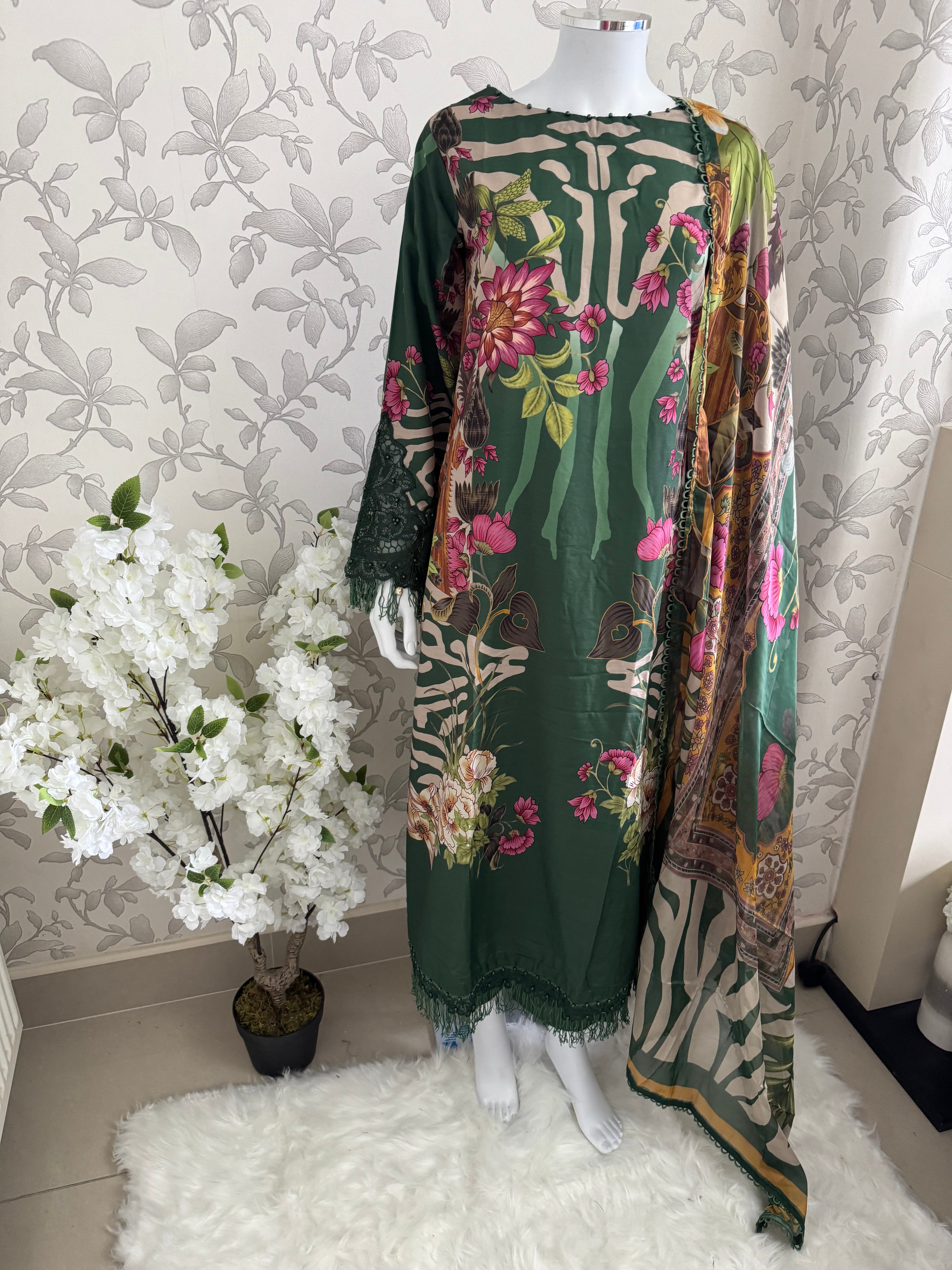 M Prints inspired Embroidered 3-Piece Suit | Pakistani Designer Dress