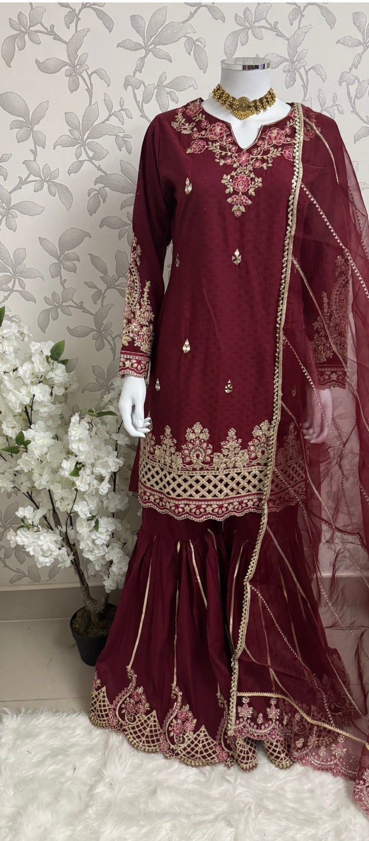 Maroon Embroidered Gharara Suit with organza Dupatta – Luxury Pakistani 3 Piece Set