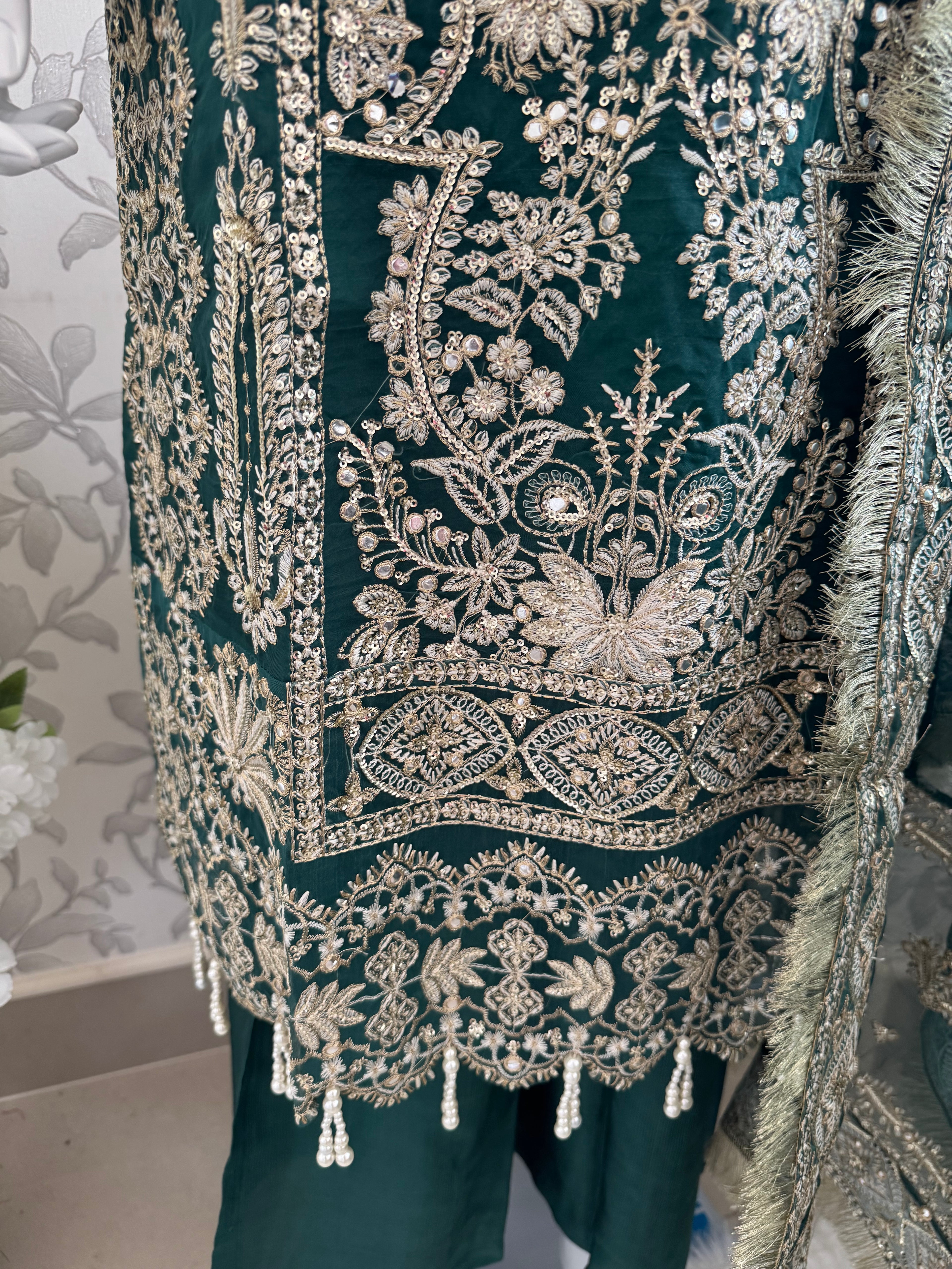 AFROZ Emerald Embroidered Organza Suit | Pakistani Wedding & Formal Dress