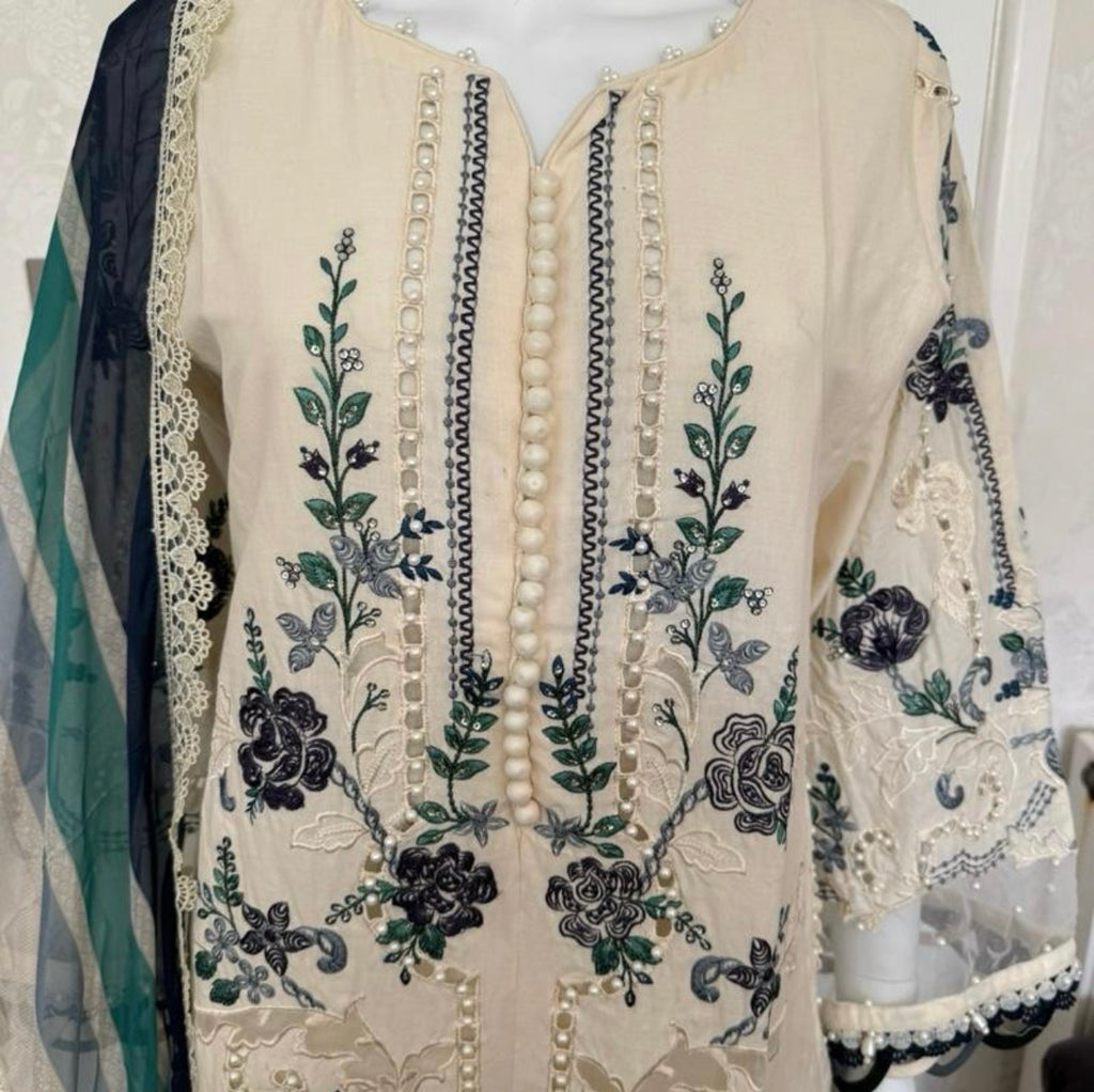 Azure Bloom Luxury Embroidered Suit – 3 Piece Collection
