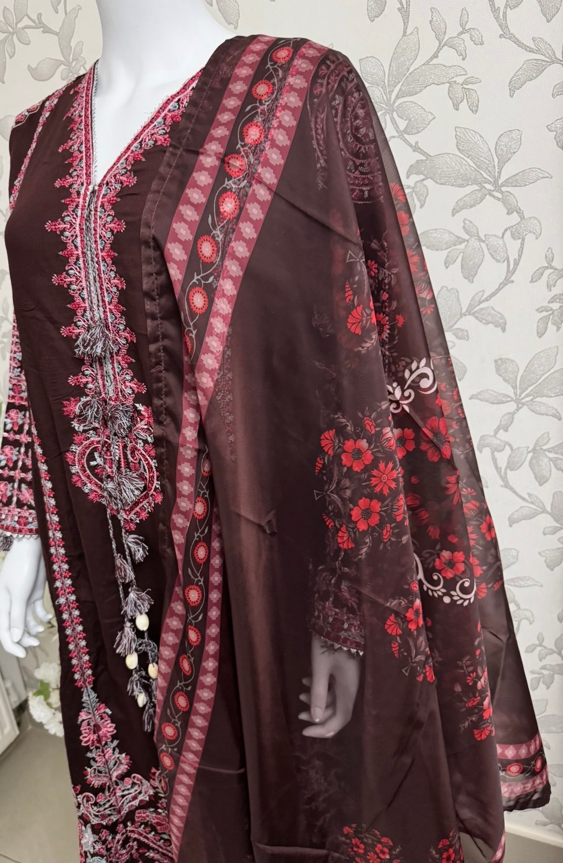 HUSN-E-EID Elegance Brown Embroidered Pakistani Suit with Printed Dupatta