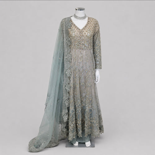 MASHAL…. Embroidered Net Maxi Dress with embroidered organza Dupatta