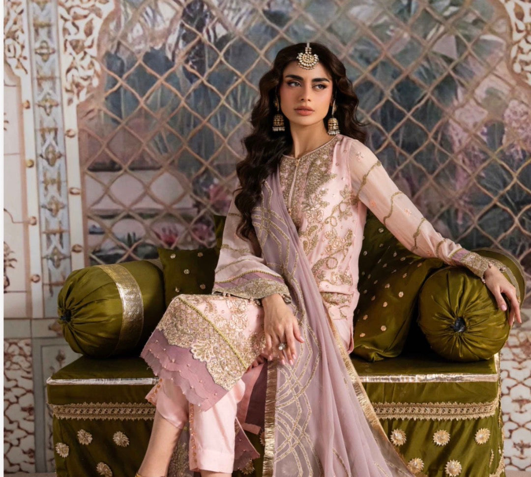 ALANI Soft Blush Pink Luxury Embroidered 3-Piece Suit | Pakistani Wedding & Party Wear