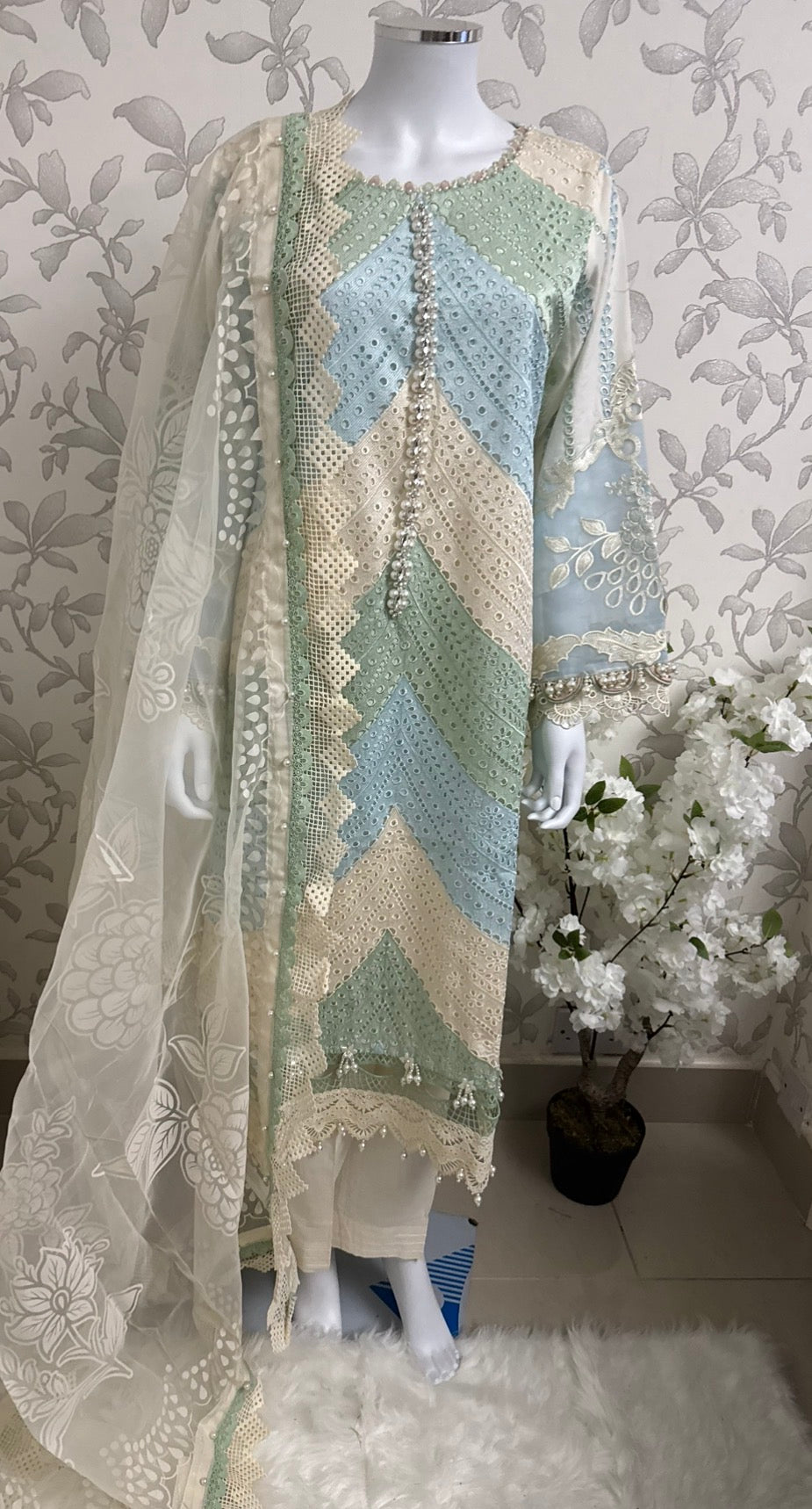 Mint Pearl Luxury Embroidered Suit – 3 Piece Collection