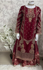 GULAAB…. Deep Maroon Embroidered Pakistani Sharara Suit with Rose Gold Dupatta
