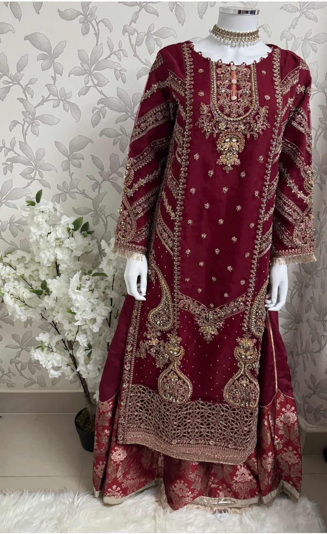 GULAAB…. Deep Maroon Embroidered Pakistani Sharara Suit with Rose Gold Dupatta