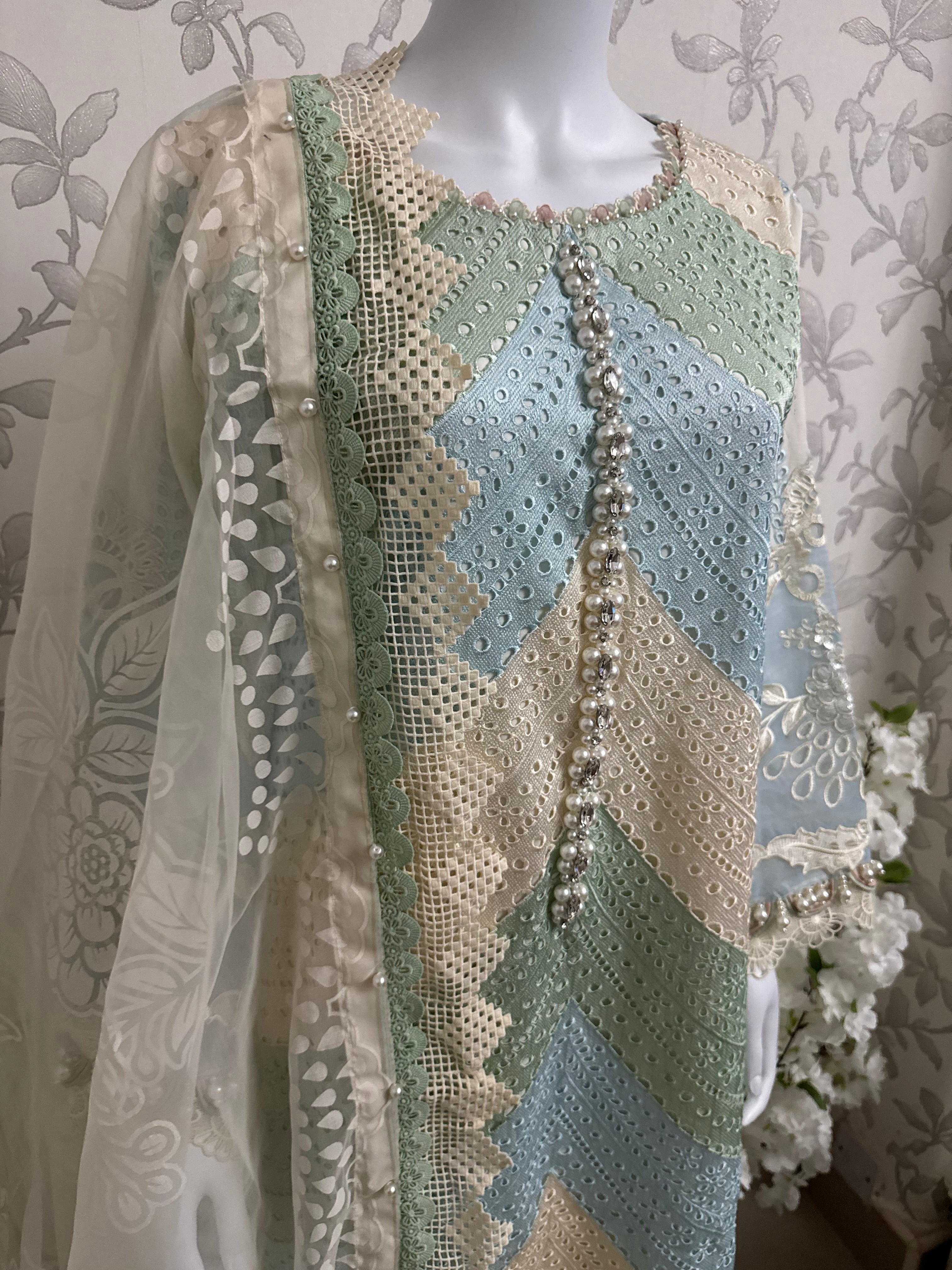 Mint Pearl Luxury Embroidered Suit – 3 Piece Collection