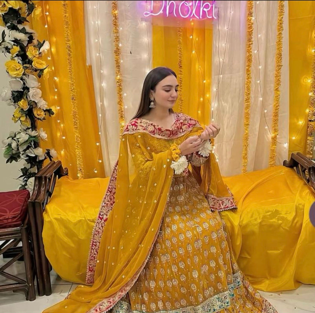 HASEENA heavy Embroidered Chiffon Maxi dress| Pakistani Mehndi, Mayon & Wedding Wear