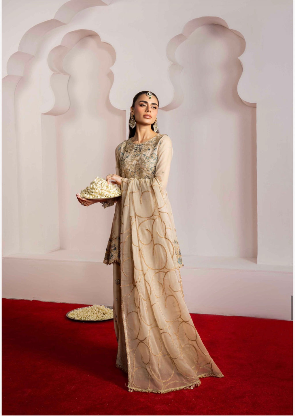ALANI Champagne Beige Embroidered Peplum Suit | Luxury Pakistani 3 Piece Palazzo Set
