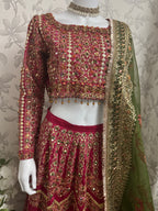 Pakistani Bridal Lehenga Choli – Fuchsia Pink Embroidered Wedding Dress with Green Organza Dupatta