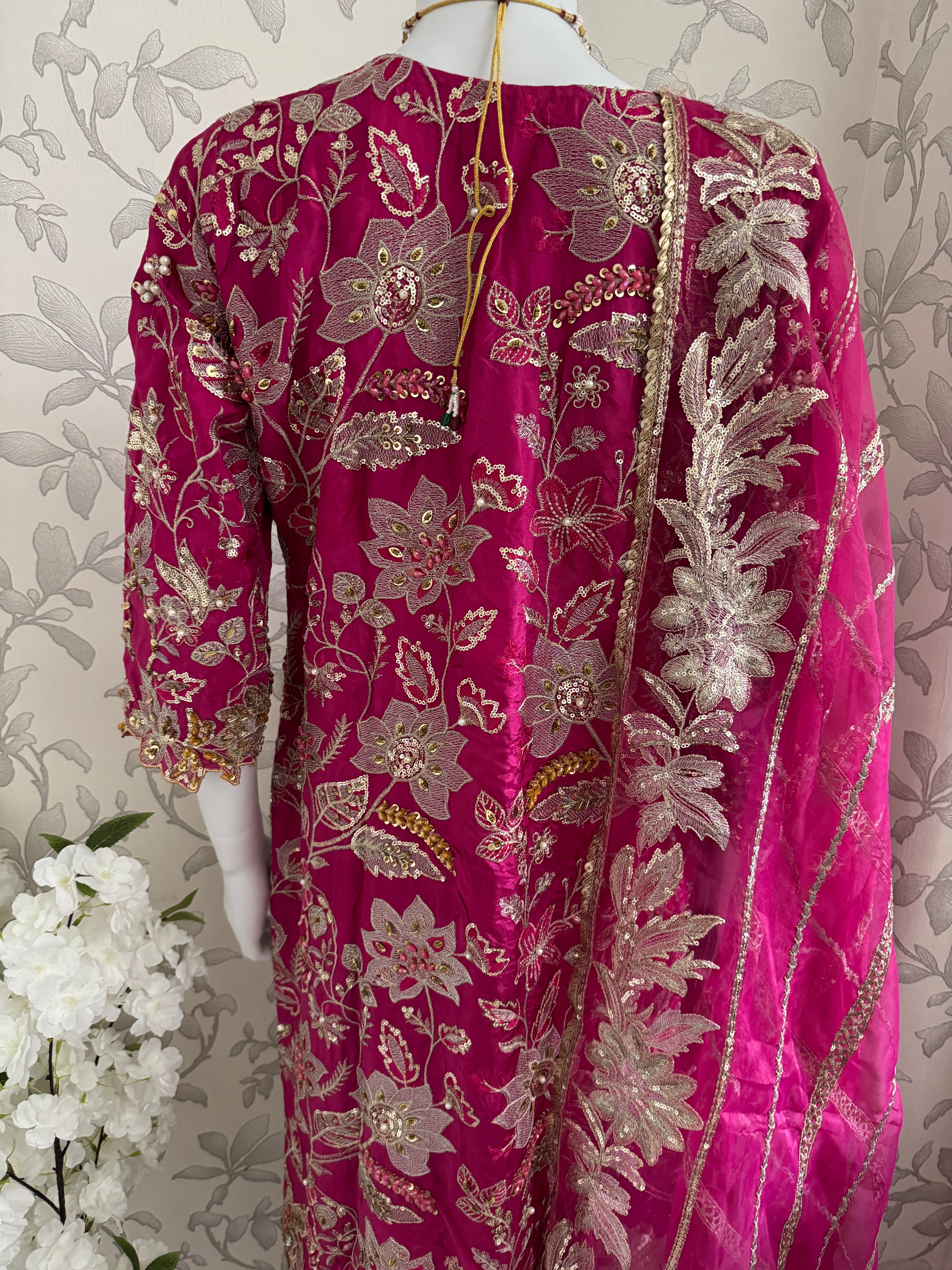 SAFINA….. Hot Pink Luxury Embroidered Pakistani Formal Suit with Organza Dupatta