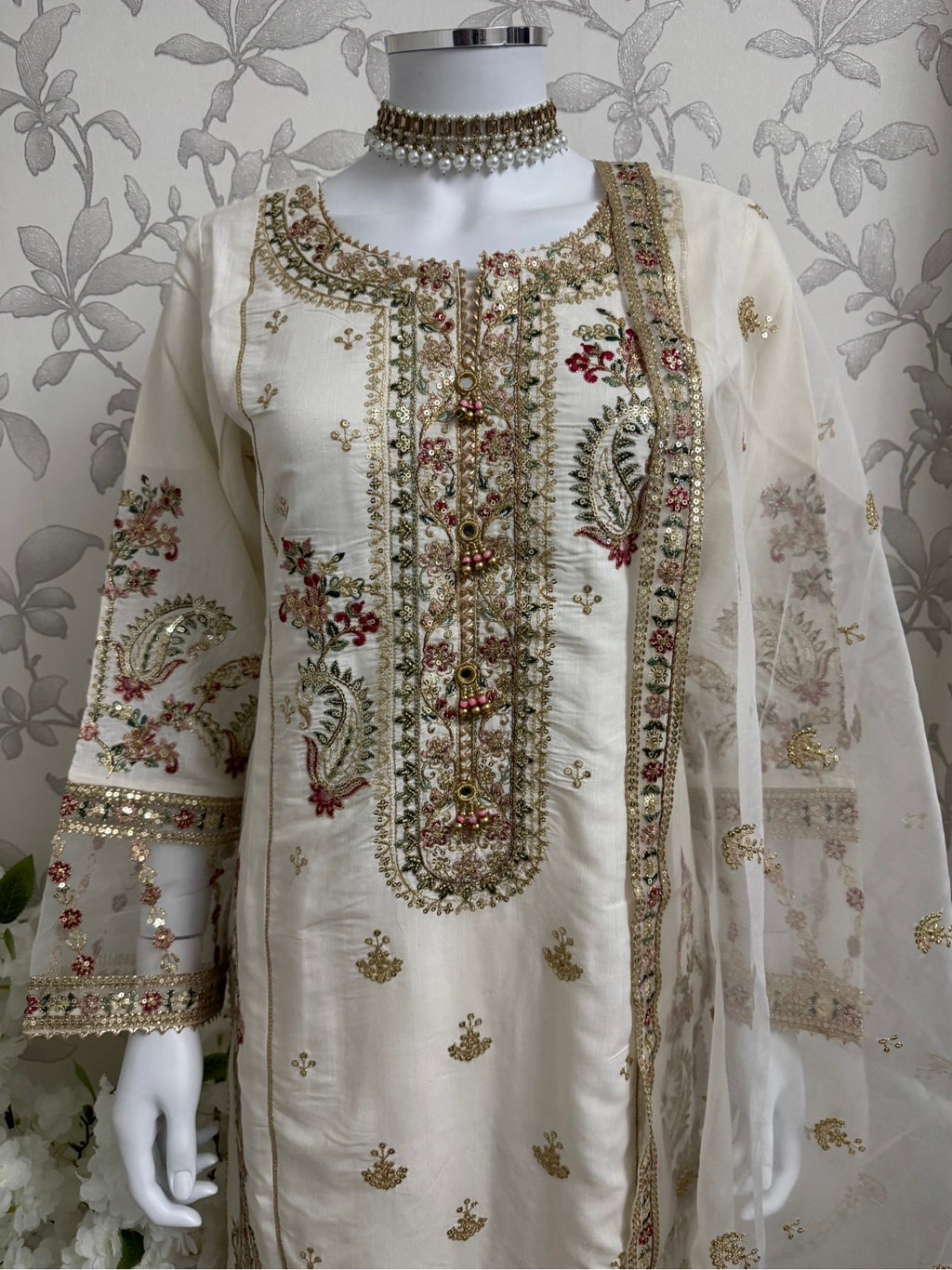 Ivory Cream Embroidered Pakistani 3 Piece Suit – Luxury Eid Festive Wear