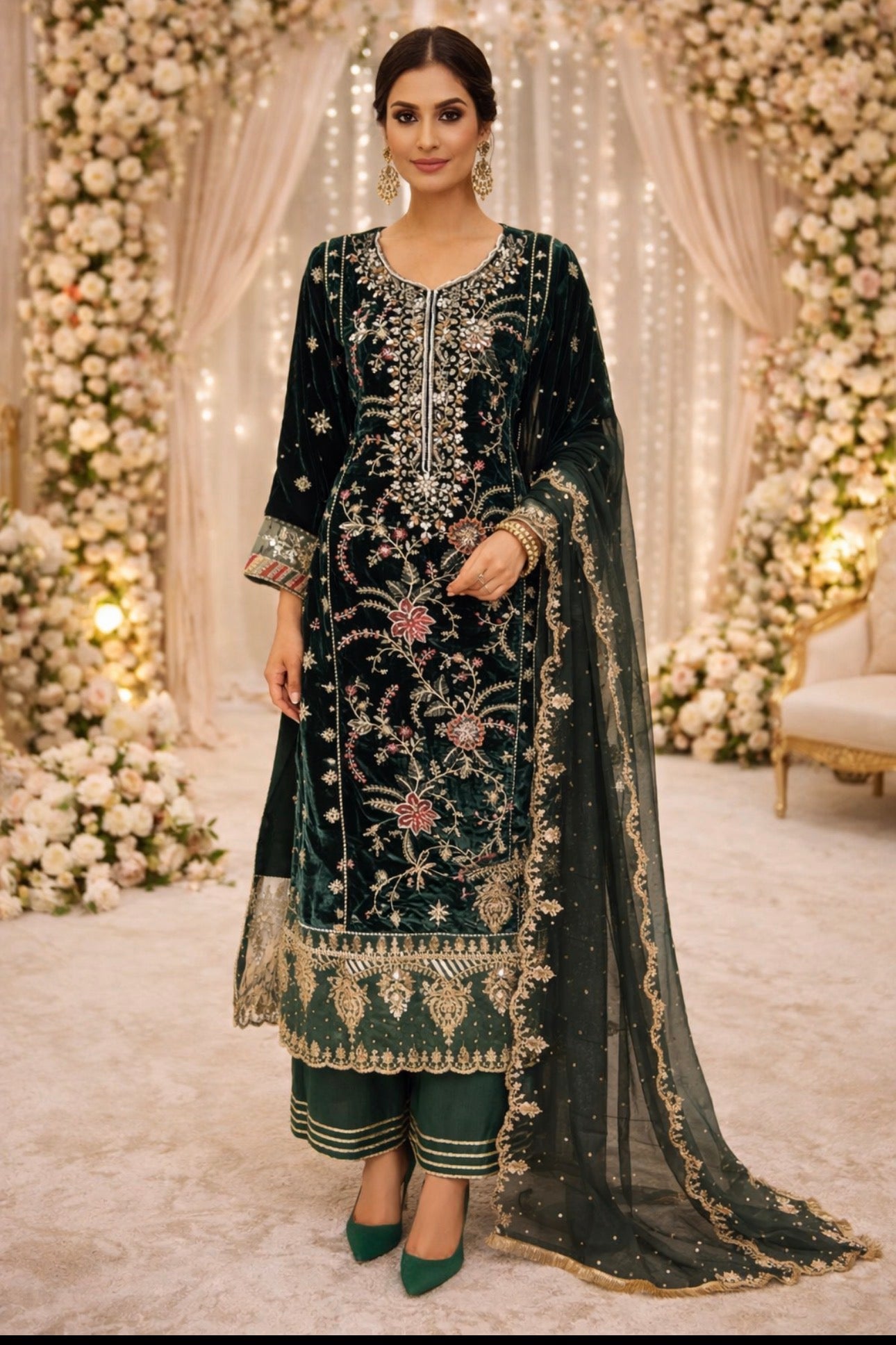 MAHRUKH  heavy Embroidered 3-piece velvet Suit| Pakistani Wedding & Party Wear