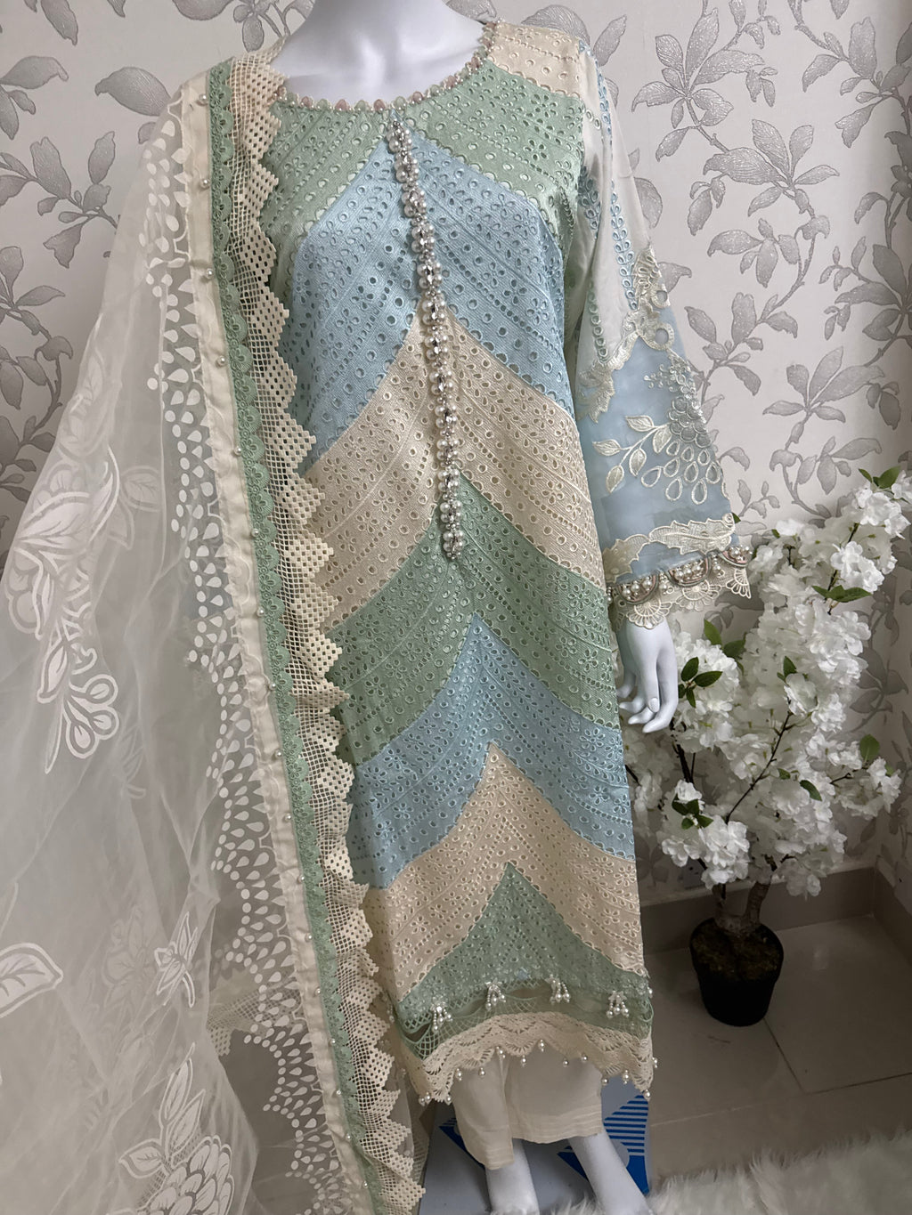 Mint Pearl Luxury Embroidered Suit – 3 Piece Collection