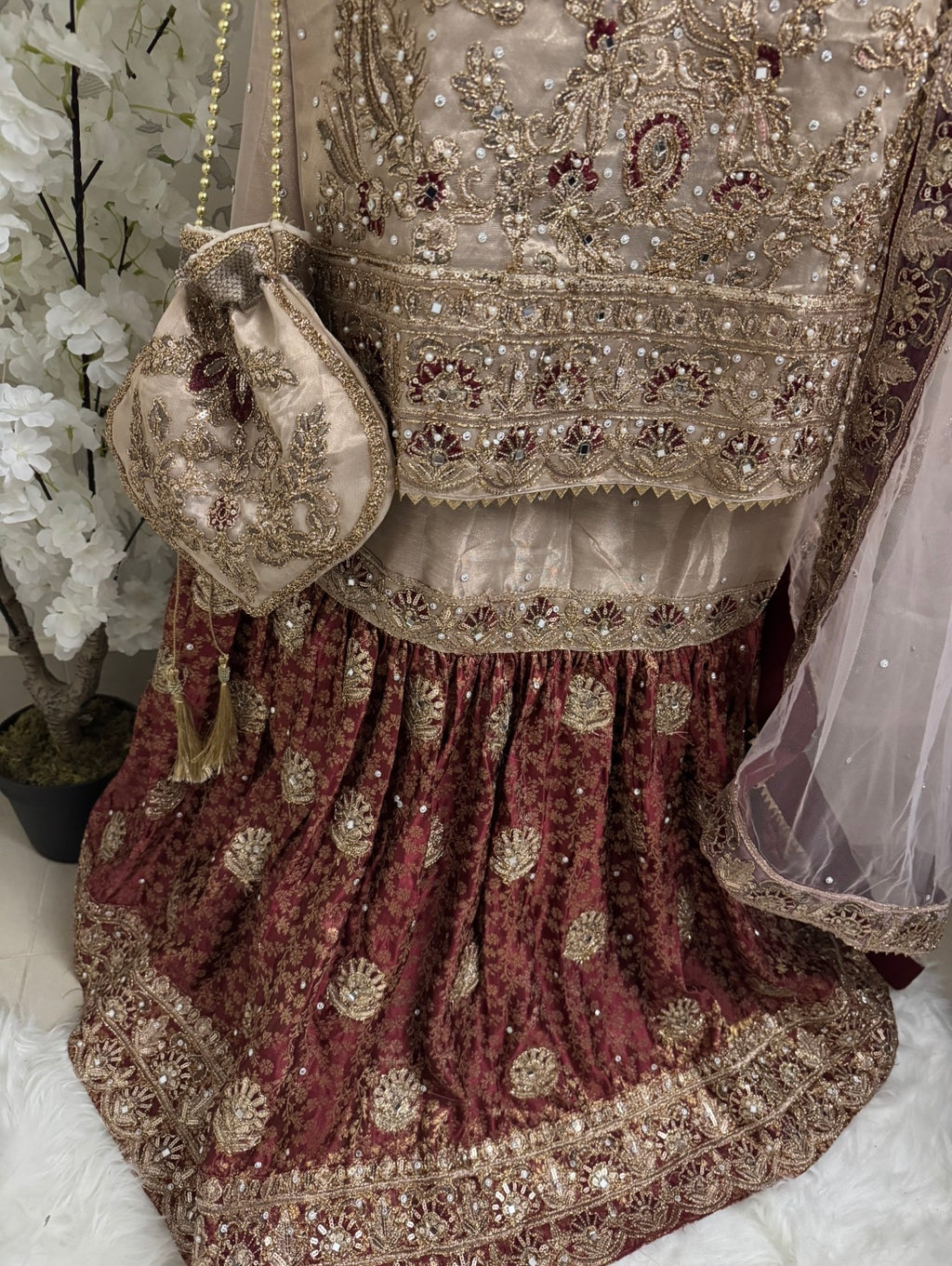AMAIRA…. Champagne Gold & Maroon Embroidered Pakistani Gharara Suit with Net Dupatta