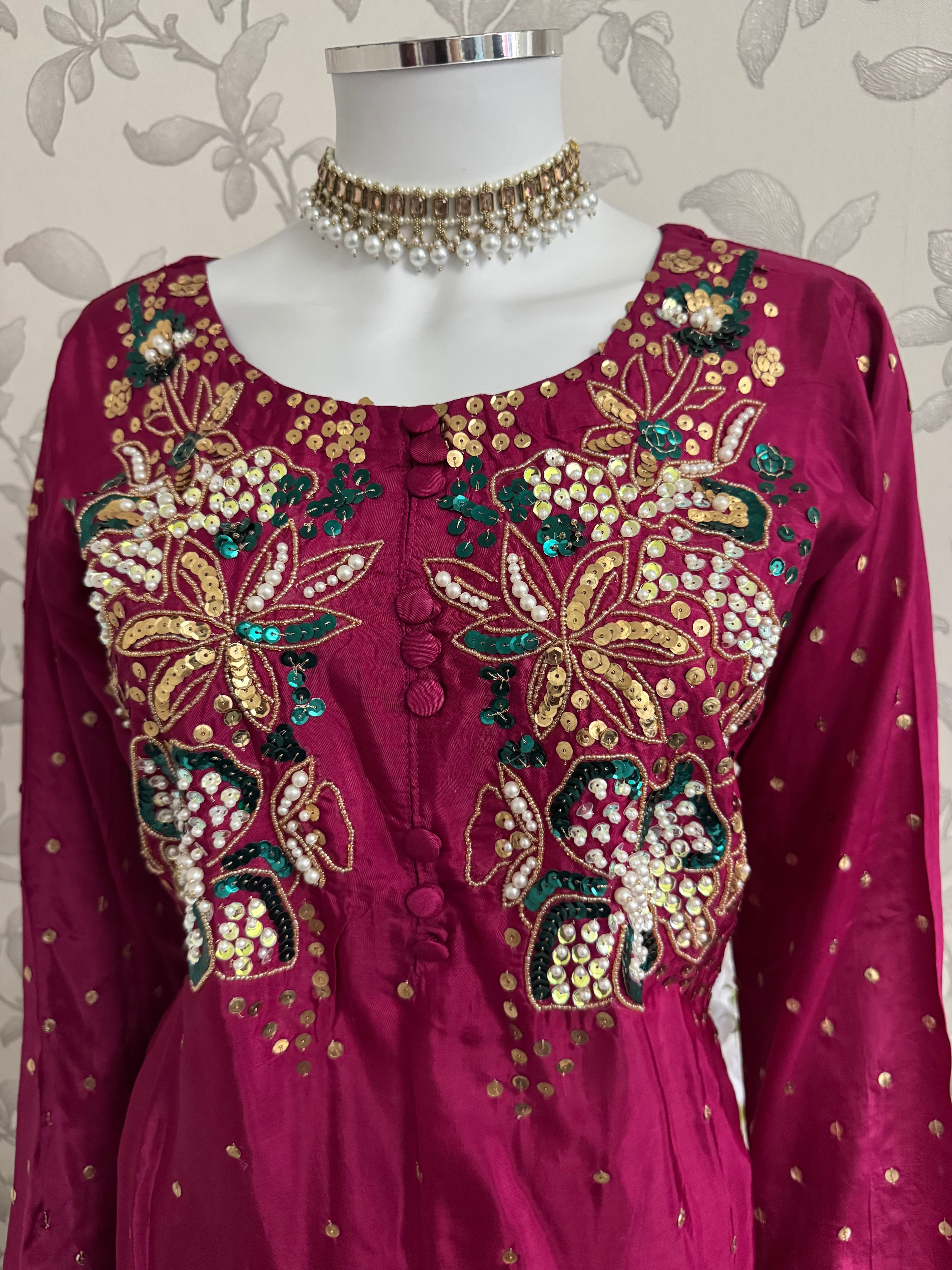 SILKY CHARM Luxury Embroidered Silk Suit with Pearl & Sequin Work