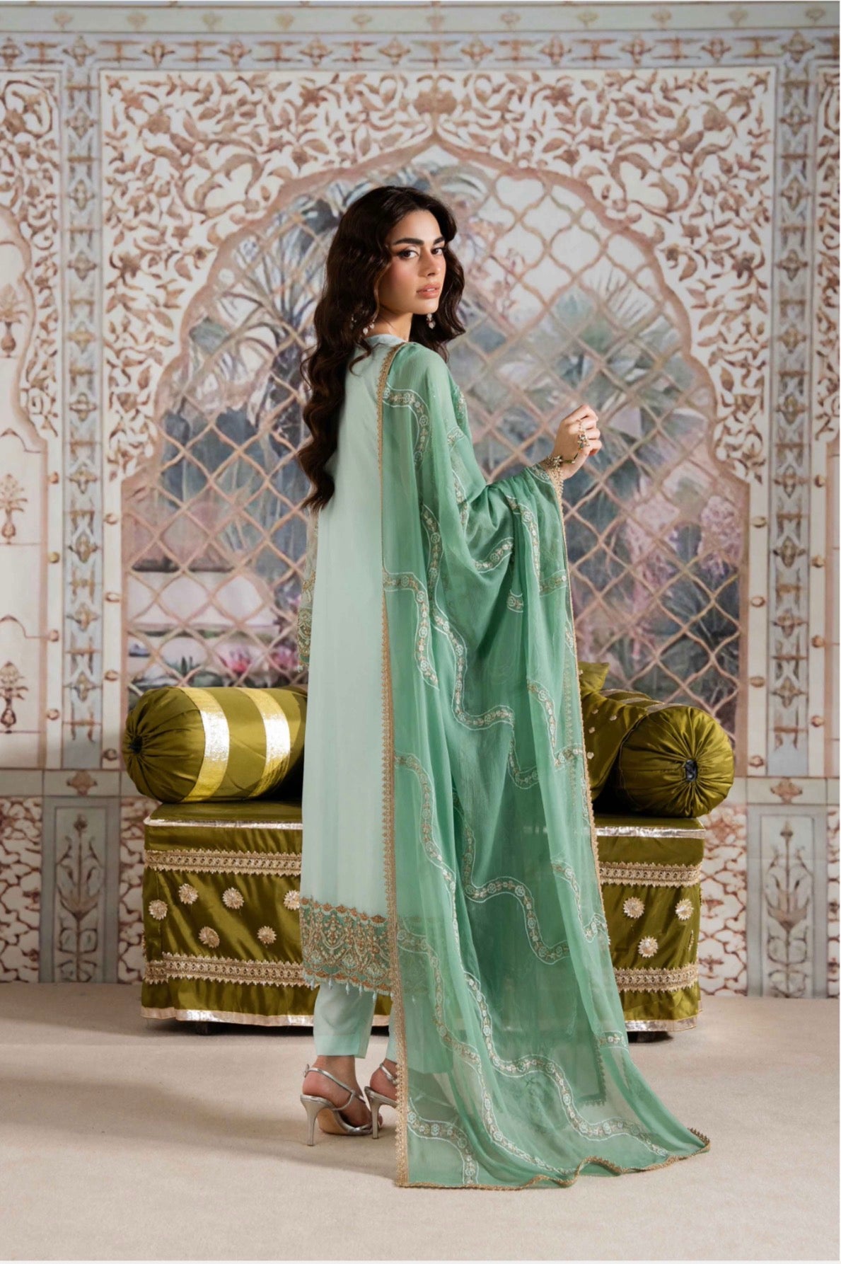 ALANI Pastel Mint Green Embroidered Pakistani Suit – Luxury 3 Piece Designer Set