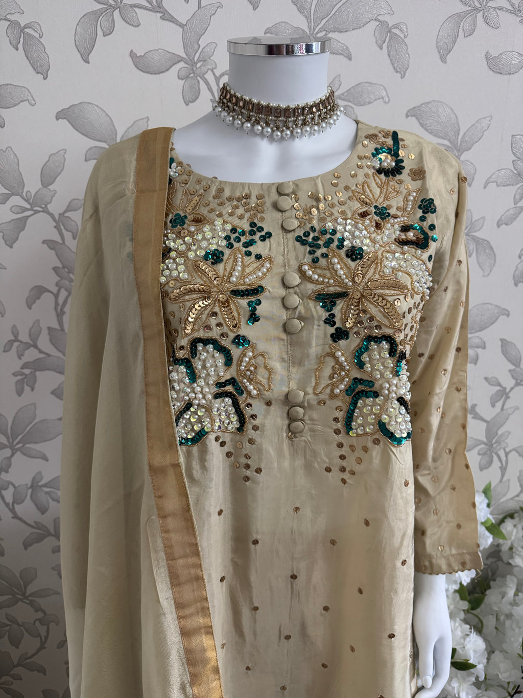 SILKY CHARM Luxury Embroidered Silk Suit with Pearl & Sequin Work