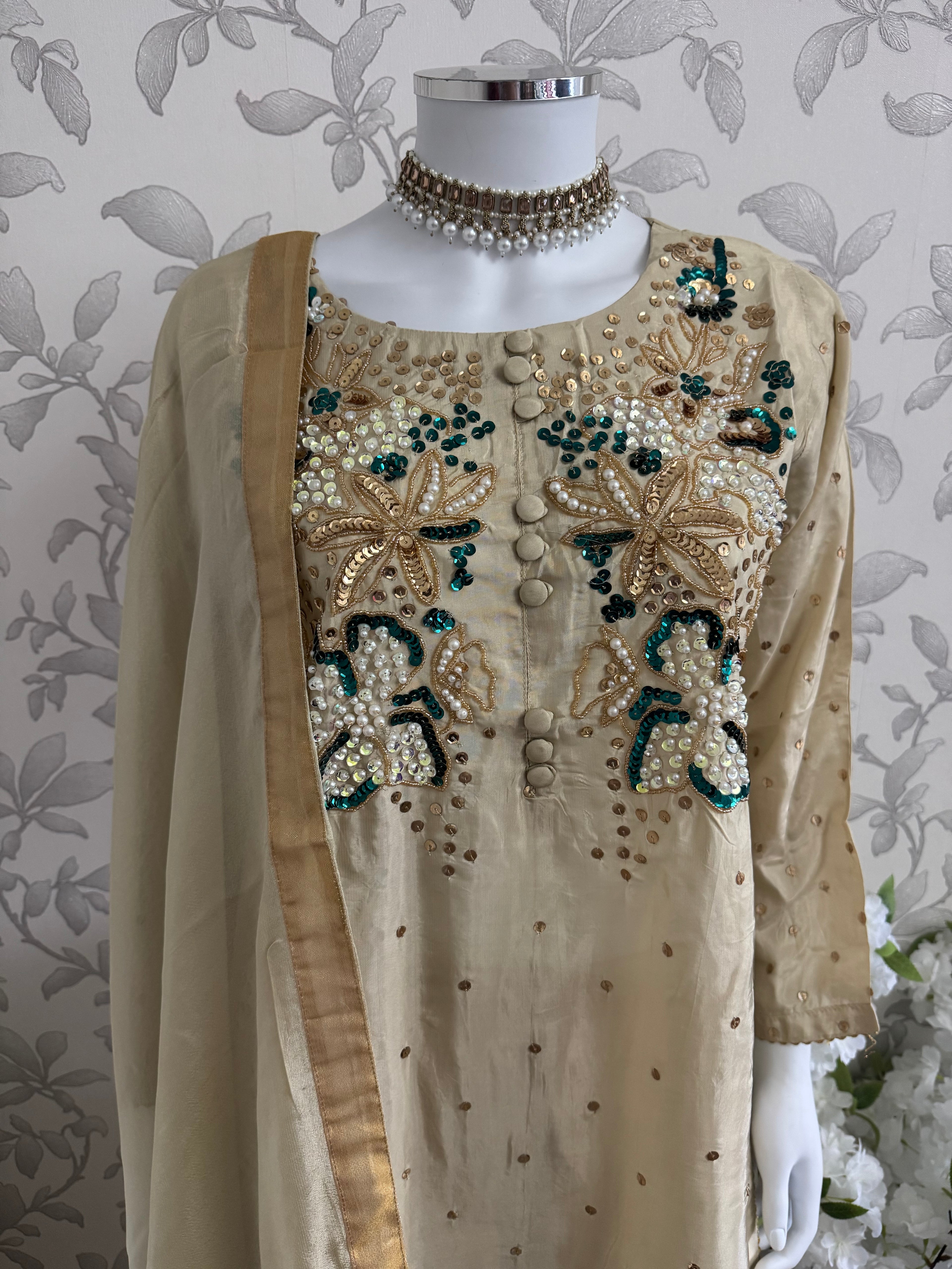 SILKY CHARM Luxury Embroidered Silk Suit with Pearl & Sequin Work