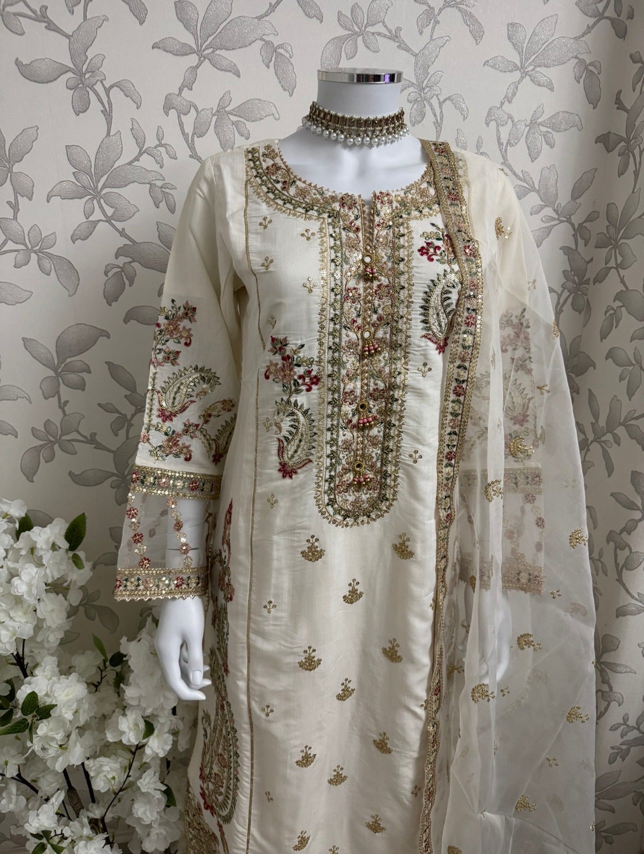 Ivory Cream Embroidered Pakistani 3 Piece Suit – Luxury Eid Festive Wear